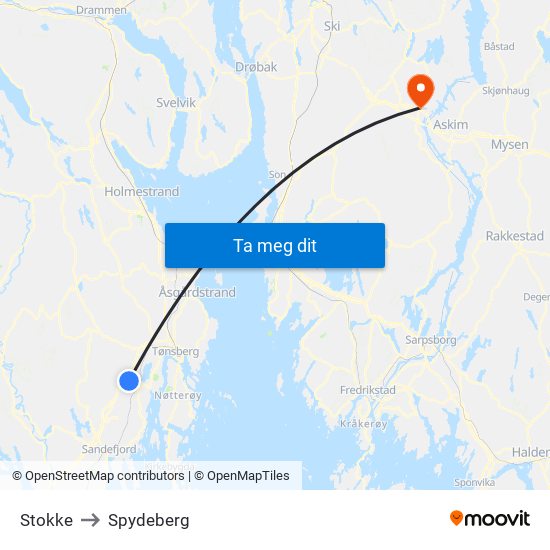 Stokke to Spydeberg map