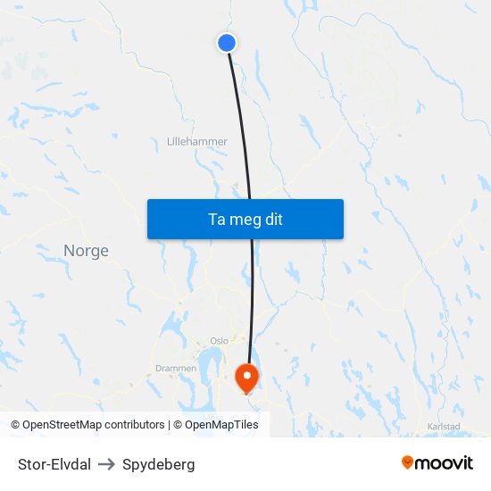 Stor-Elvdal to Spydeberg map
