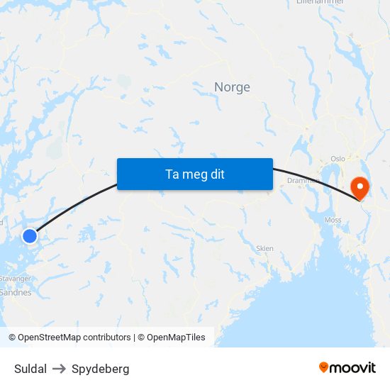 Suldal to Spydeberg map