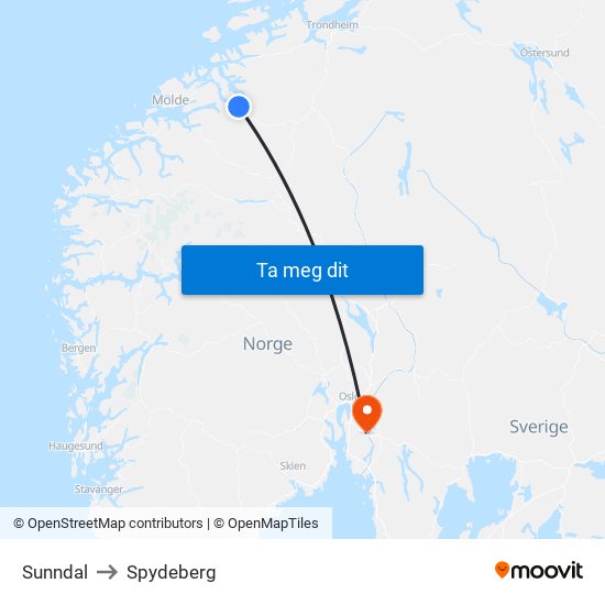 Sunndal to Spydeberg map