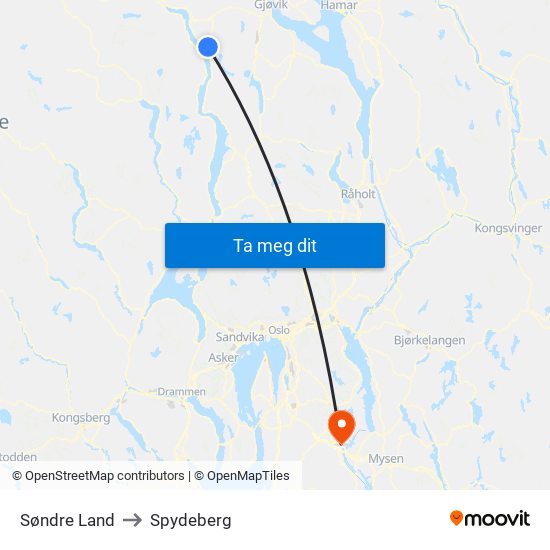 Søndre Land to Spydeberg map