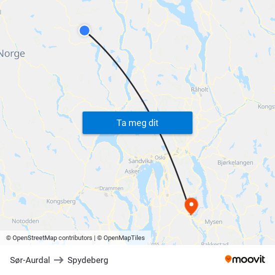 Sør-Aurdal to Spydeberg map