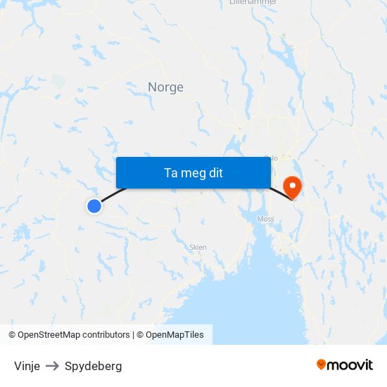 Vinje to Spydeberg map