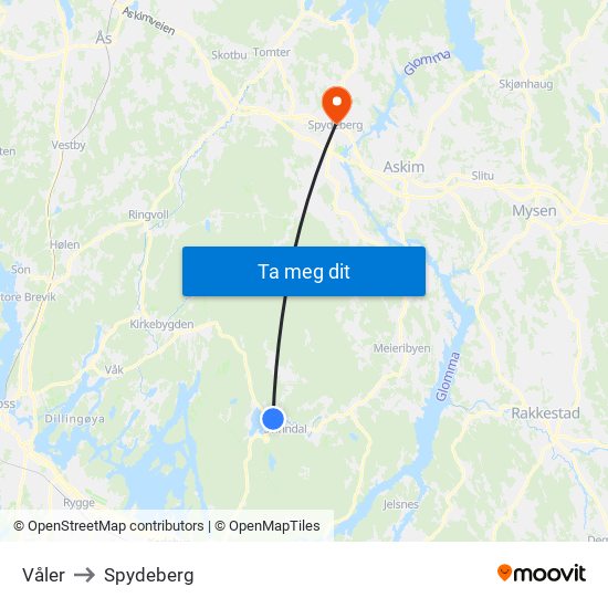 Våler to Spydeberg map