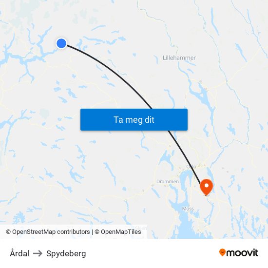 Årdal to Spydeberg map