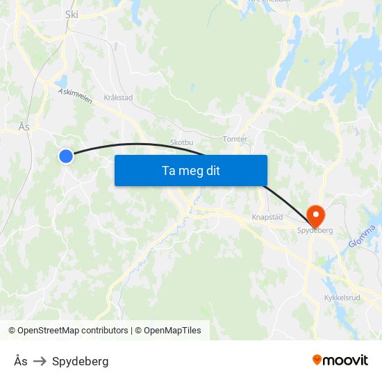 Ås to Spydeberg map