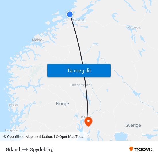 Ørland to Spydeberg map