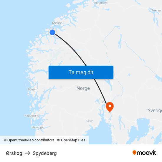 Ørskog to Spydeberg map