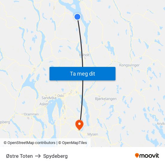 Østre Toten to Spydeberg map