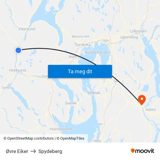 Øvre Eiker to Spydeberg map