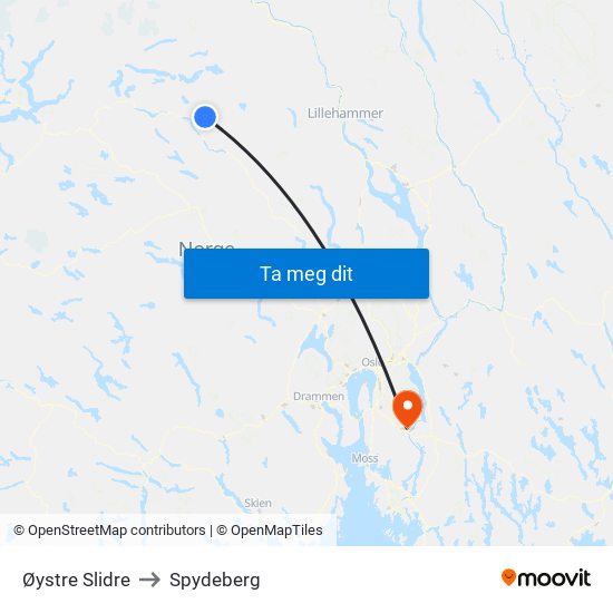 Øystre Slidre to Spydeberg map