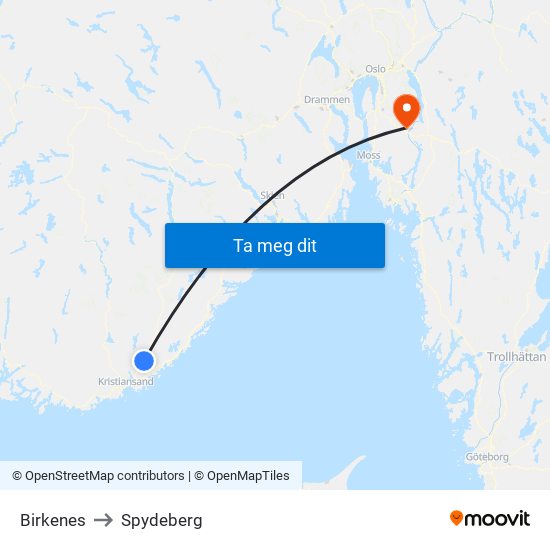 Birkenes to Spydeberg map