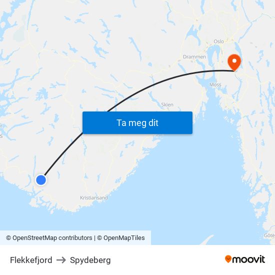 Flekkefjord to Spydeberg map