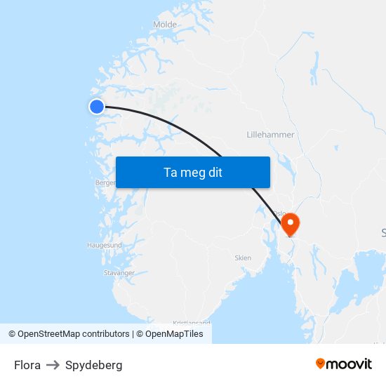 Flora to Spydeberg map