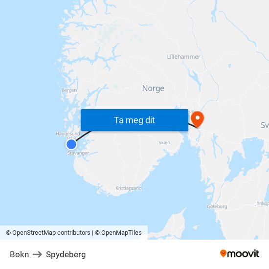 Bokn to Spydeberg map