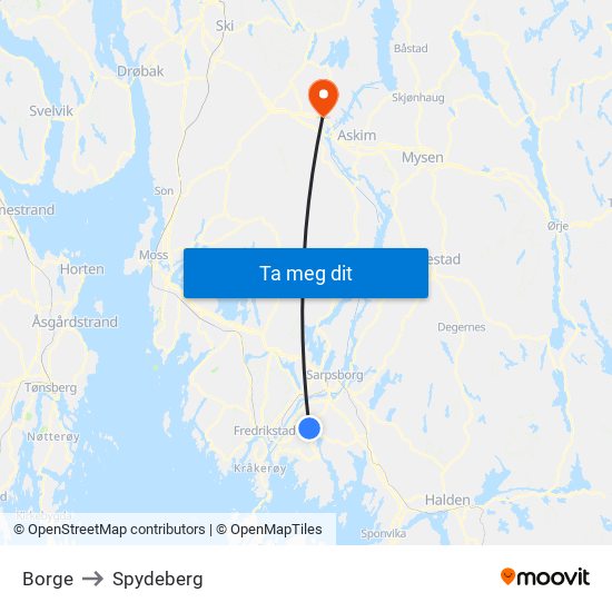 Borge to Spydeberg map