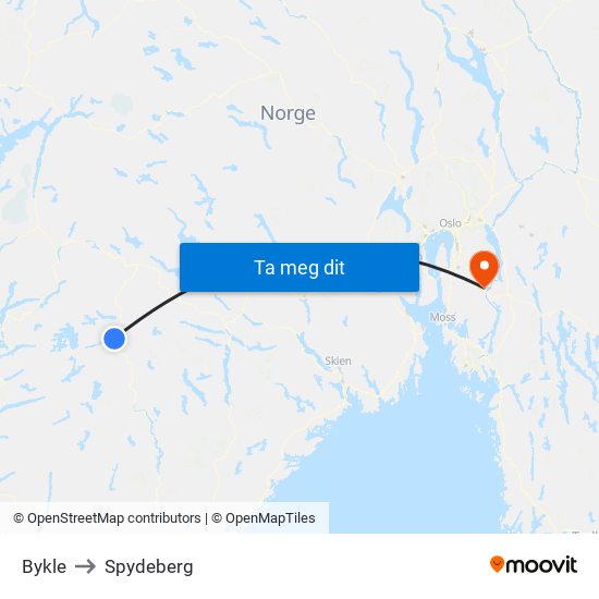 Bykle to Spydeberg map