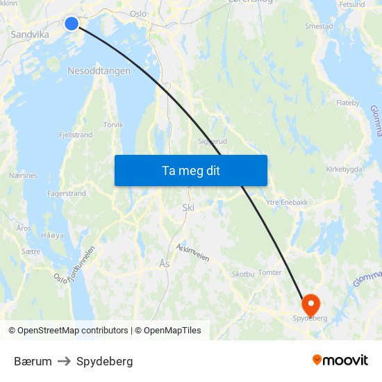 Bærum to Spydeberg map