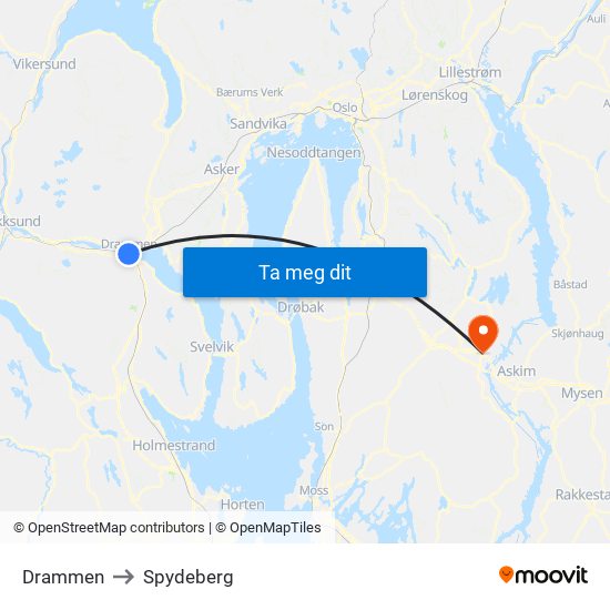 Drammen to Spydeberg map