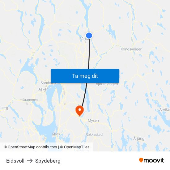 Eidsvoll to Spydeberg map