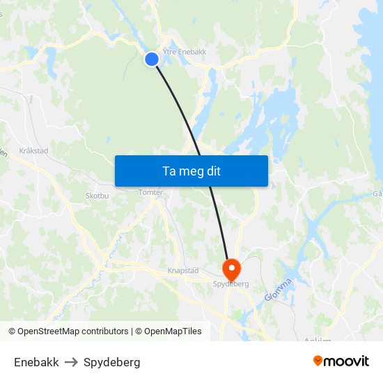Enebakk to Spydeberg map
