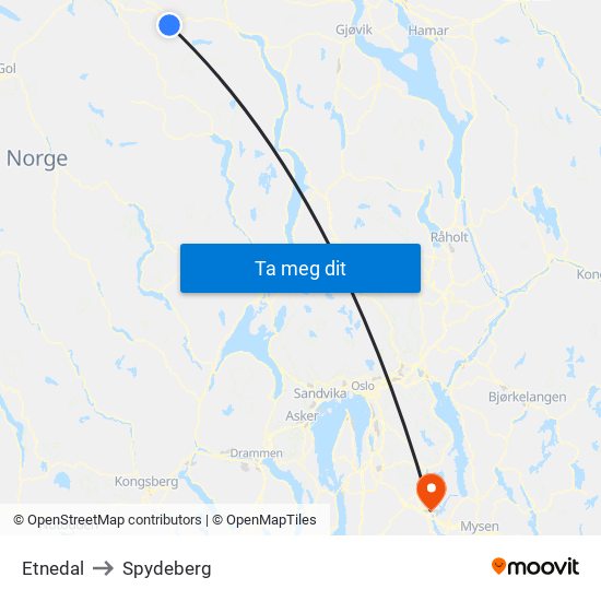 Etnedal to Spydeberg map