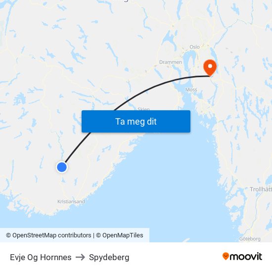 Evje Og Hornnes to Spydeberg map