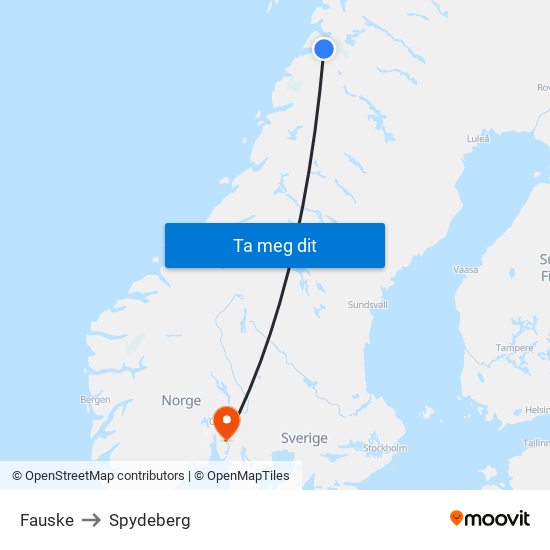 Fauske to Spydeberg map