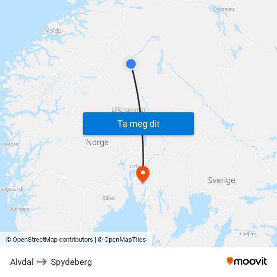 Alvdal to Spydeberg map
