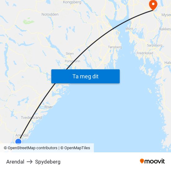 Arendal to Spydeberg map