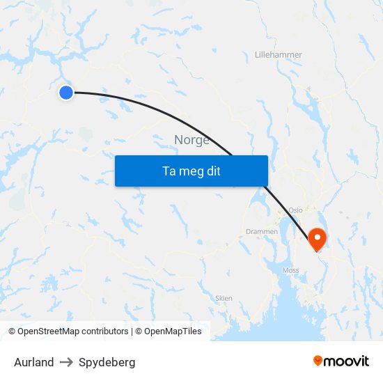 Aurland to Spydeberg map