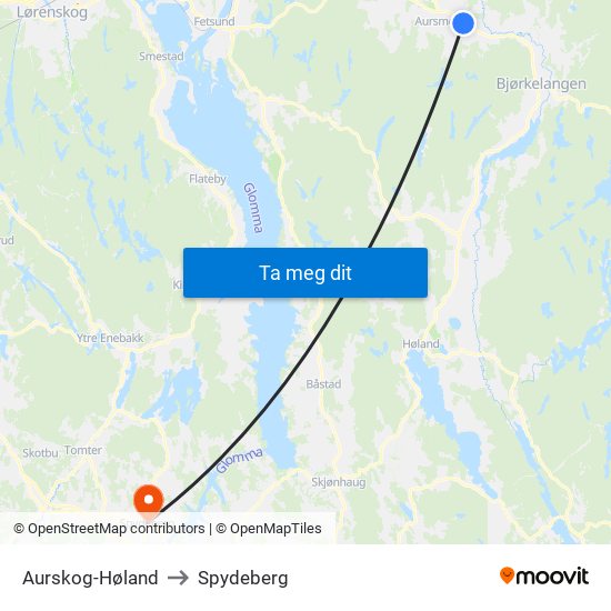Aurskog-Høland to Spydeberg map