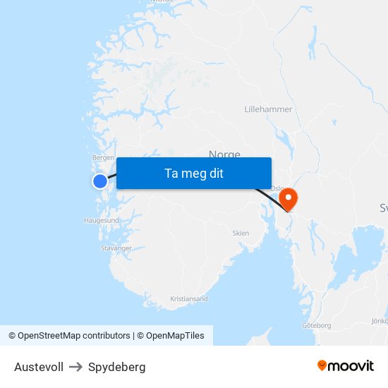 Austevoll to Spydeberg map