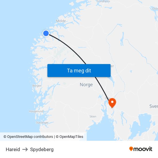 Hareid to Spydeberg map