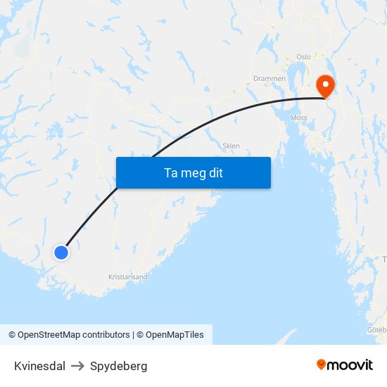 Kvinesdal to Spydeberg map