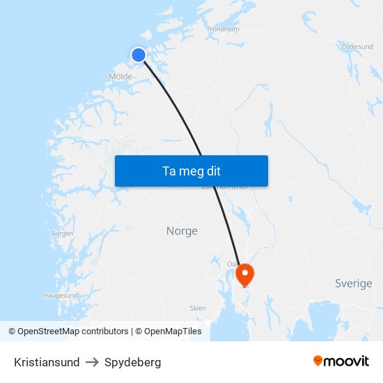 Kristiansund to Spydeberg map
