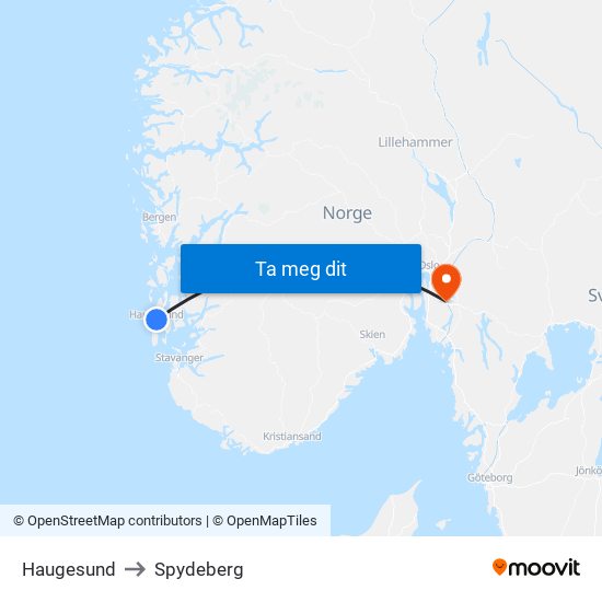 Haugesund to Spydeberg map