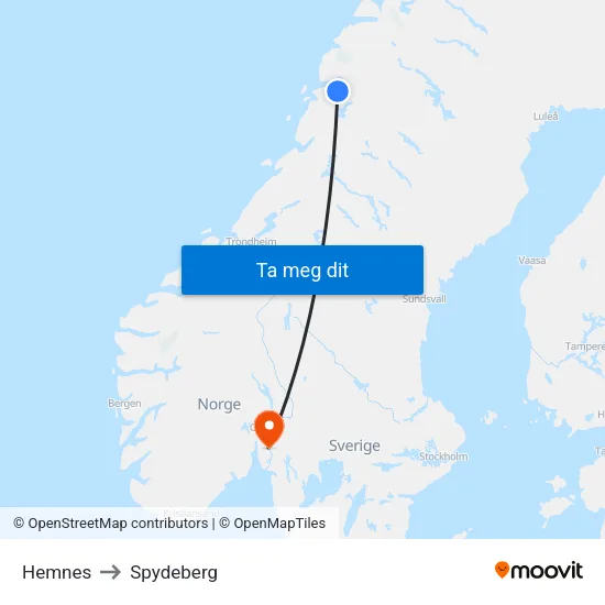 Hemnes to Spydeberg map