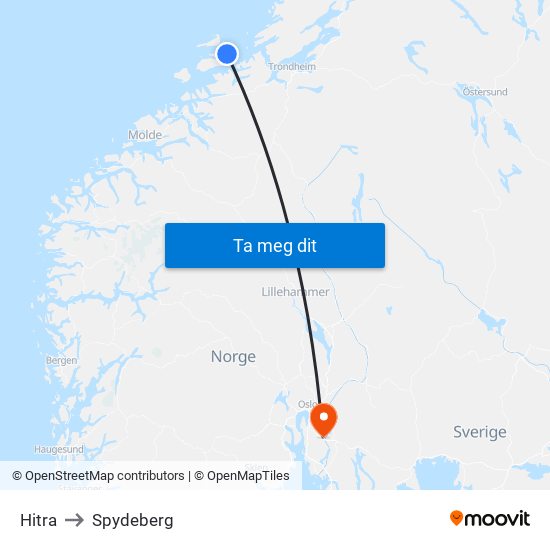 Hitra to Spydeberg map