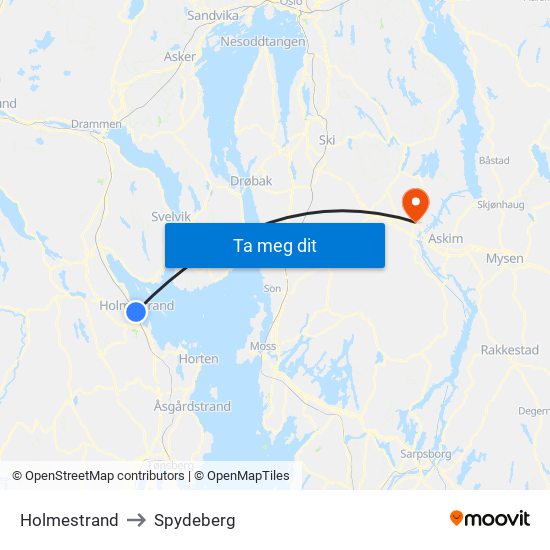 Holmestrand to Spydeberg map