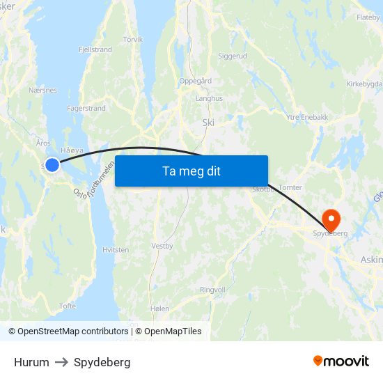 Hurum to Spydeberg map