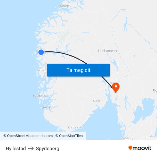 Hyllestad to Spydeberg map