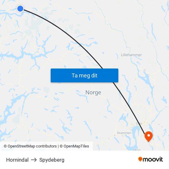 Hornindal to Spydeberg map