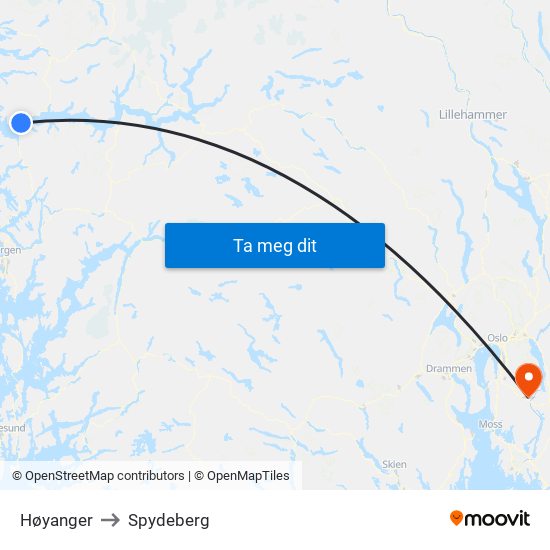 Høyanger to Spydeberg map