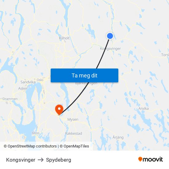 Kongsvinger to Spydeberg map