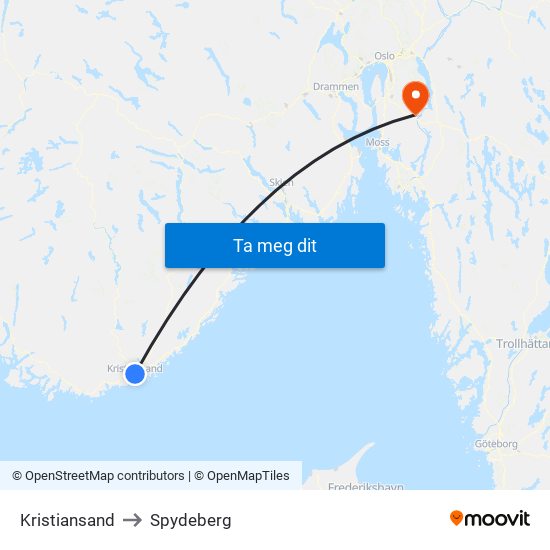 Kristiansand to Spydeberg map