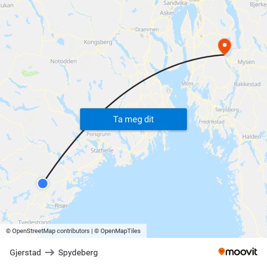 Gjerstad to Spydeberg map