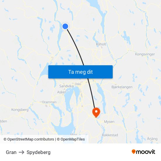 Gran to Spydeberg map