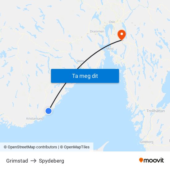 Grimstad to Spydeberg map