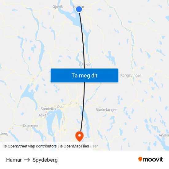 Hamar to Spydeberg map